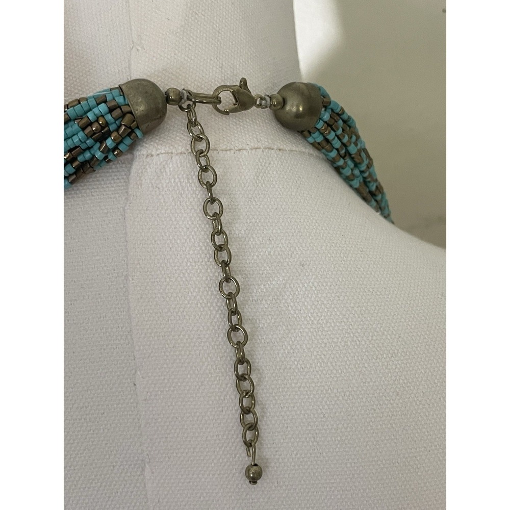 Multi Strand Turquoise Seed Bead Bib Necklace Boho Southwestern Statement Heavy - Picture 5 of 7